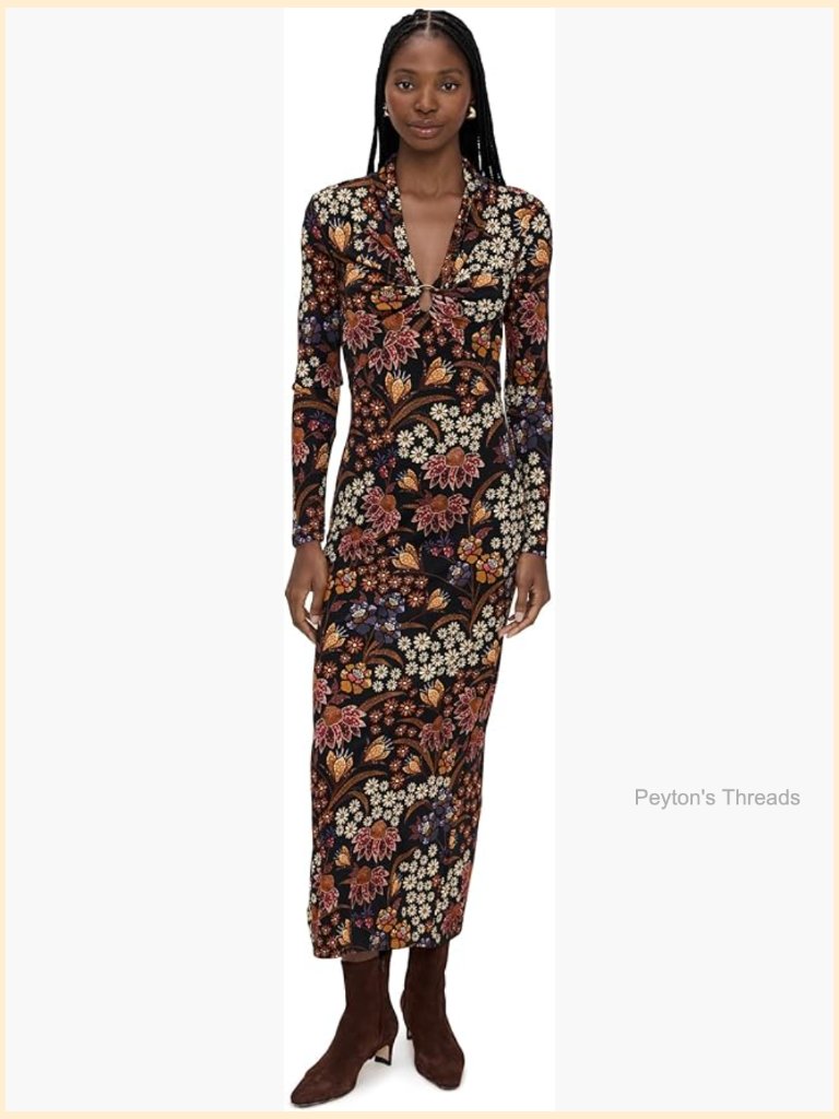 Long Sleeve Maxi Dress With Gold-Tone Ring And Draping